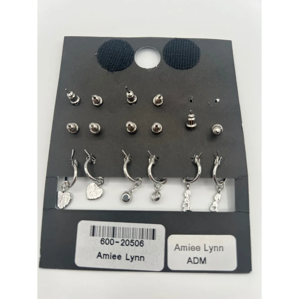 No Boundaries 9 Pair Earring Set Silver Tone Studs Hoops Hearts Bows Ducks NEW
